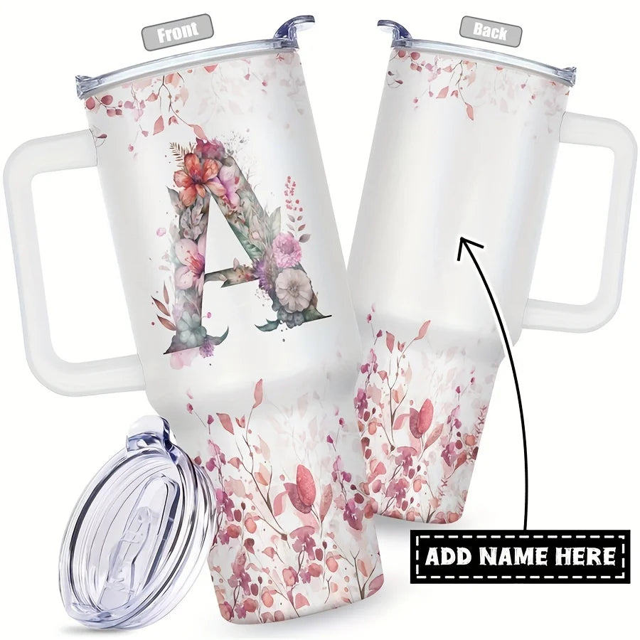 Floral Initial Letter Tumbler – 40oz Insulated Travel Mug with Handle & Straw