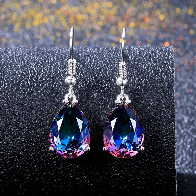 Blue Sapphire Teardrop Drop Earrings – Silver Crystal Dangle Earrings for Women