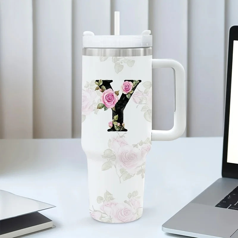 Floral Initial Letter Tumbler – 40oz Insulated Travel Mug with Handle & Straw