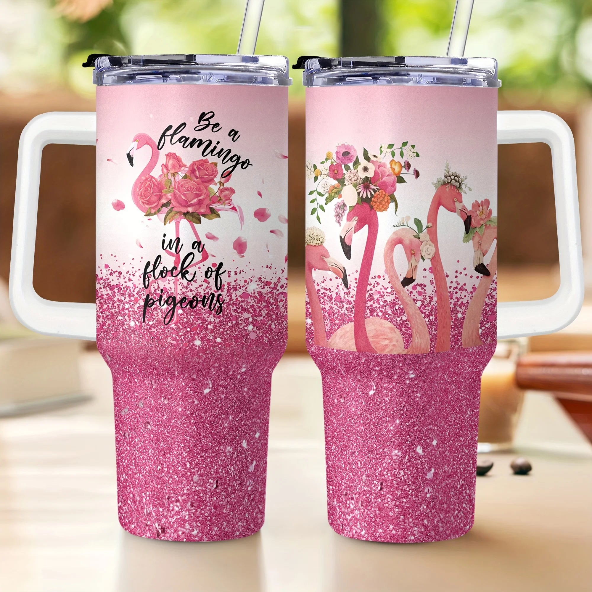 Floral Initial Letter Tumbler – 40oz Insulated Travel Mug with Handle & Straw