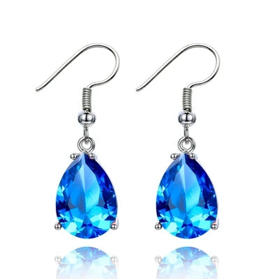 Blue Sapphire Teardrop Drop Earrings – Silver Crystal Dangle Earrings for Women