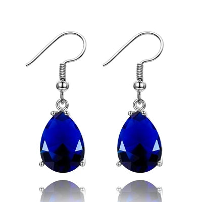 Blue Sapphire Teardrop Drop Earrings – Silver Crystal Dangle Earrings for Women
