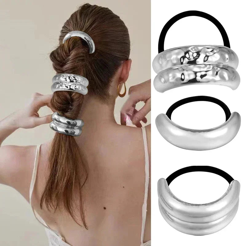 3pcs Punk Metal Hair Bands – Gold Elastic Scrunchies for Women & Girls