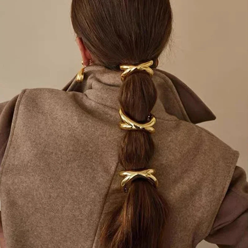 3pcs Punk Metal Hair Bands – Gold Elastic Scrunchies for Women & Girls