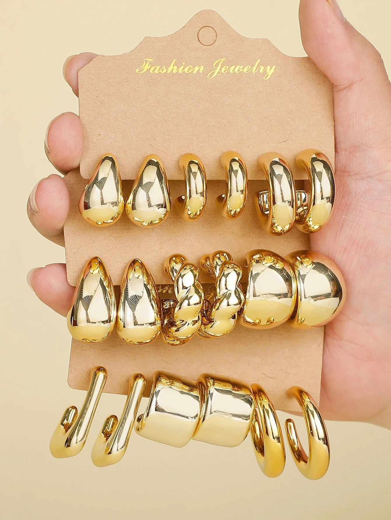 Gold Fashion Earrings Set – 9pcs Chunky Hoop & Drop Earrings for Women