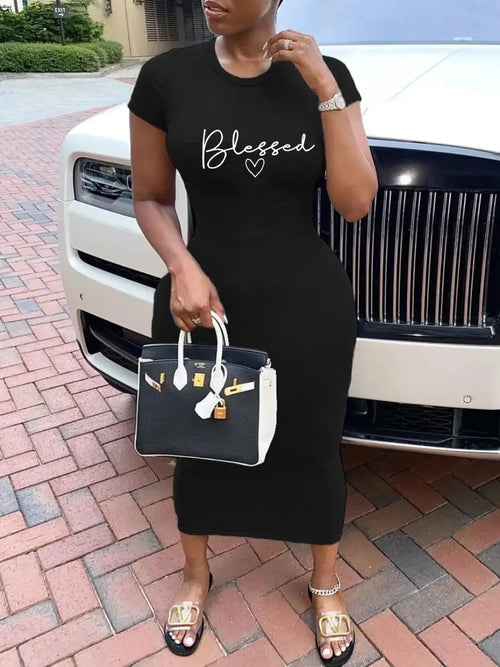 Blessed Bodycon Midi Dress – Black Slogan T-Shirt Dress for Women