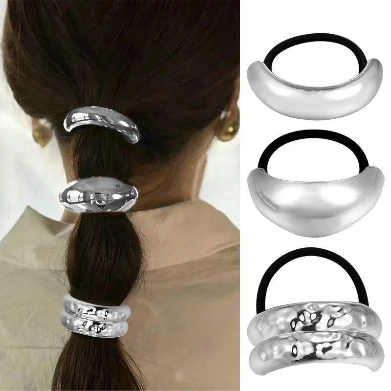 3pcs Punk Metal Hair Bands – Gold Elastic Scrunchies for Women & Girls