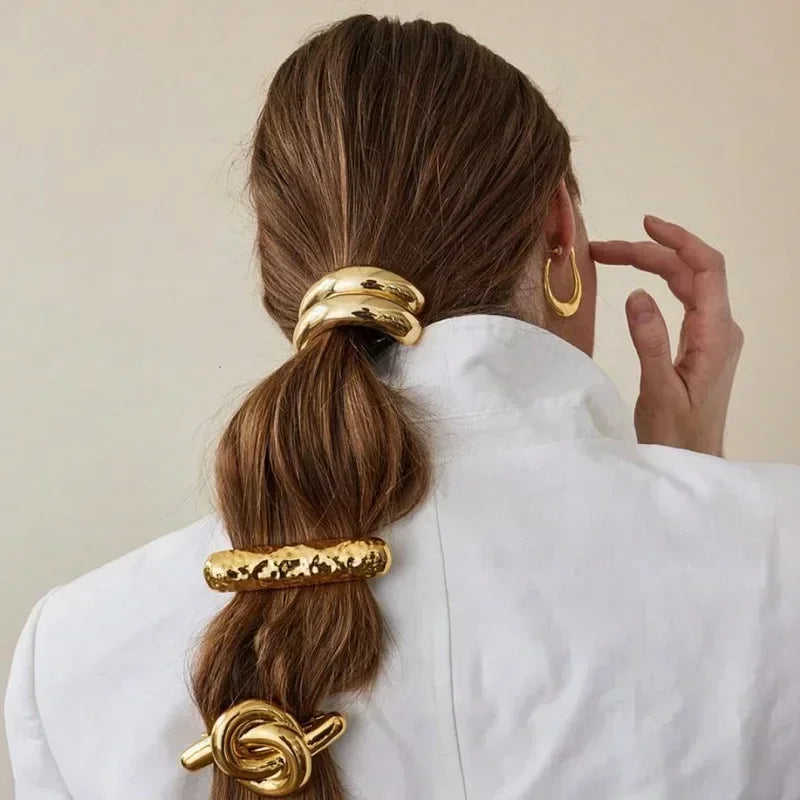 3pcs Punk Metal Hair Bands – Gold Elastic Scrunchies for Women & Girls