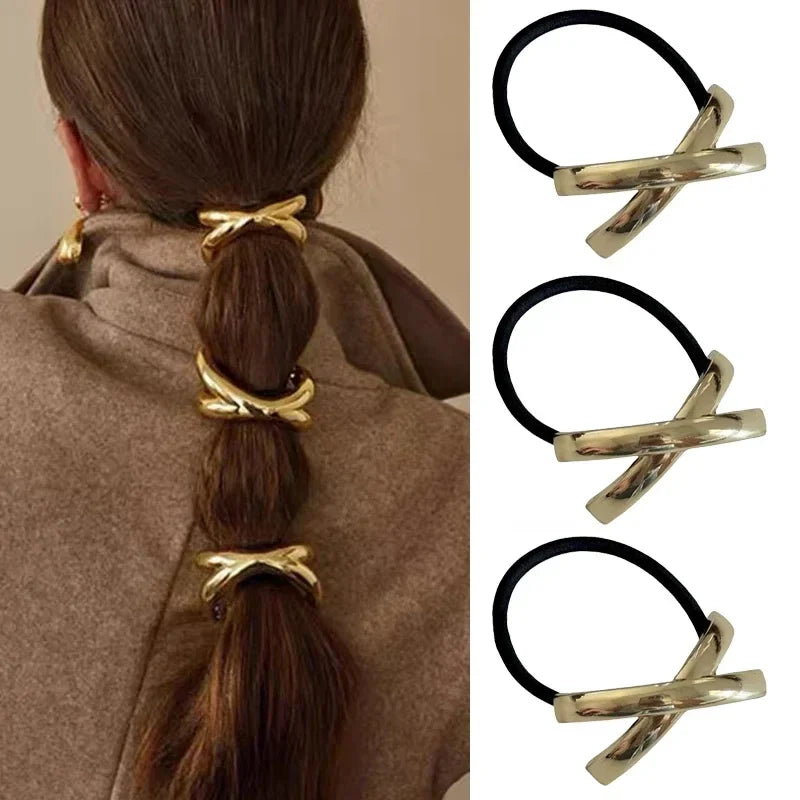 3pcs Punk Metal Hair Bands – Gold Elastic Scrunchies for Women & Girls