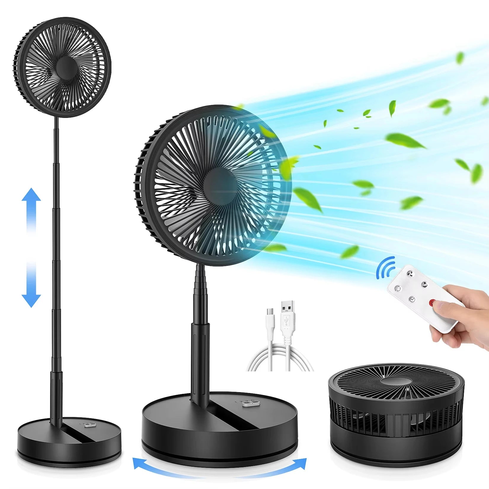 Foldable Portable Standing Fan with Remote Control – Rechargeable Oscillating Floor Fan