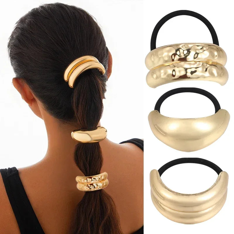 3pcs Punk Metal Hair Bands – Gold Elastic Scrunchies for Women & Girls