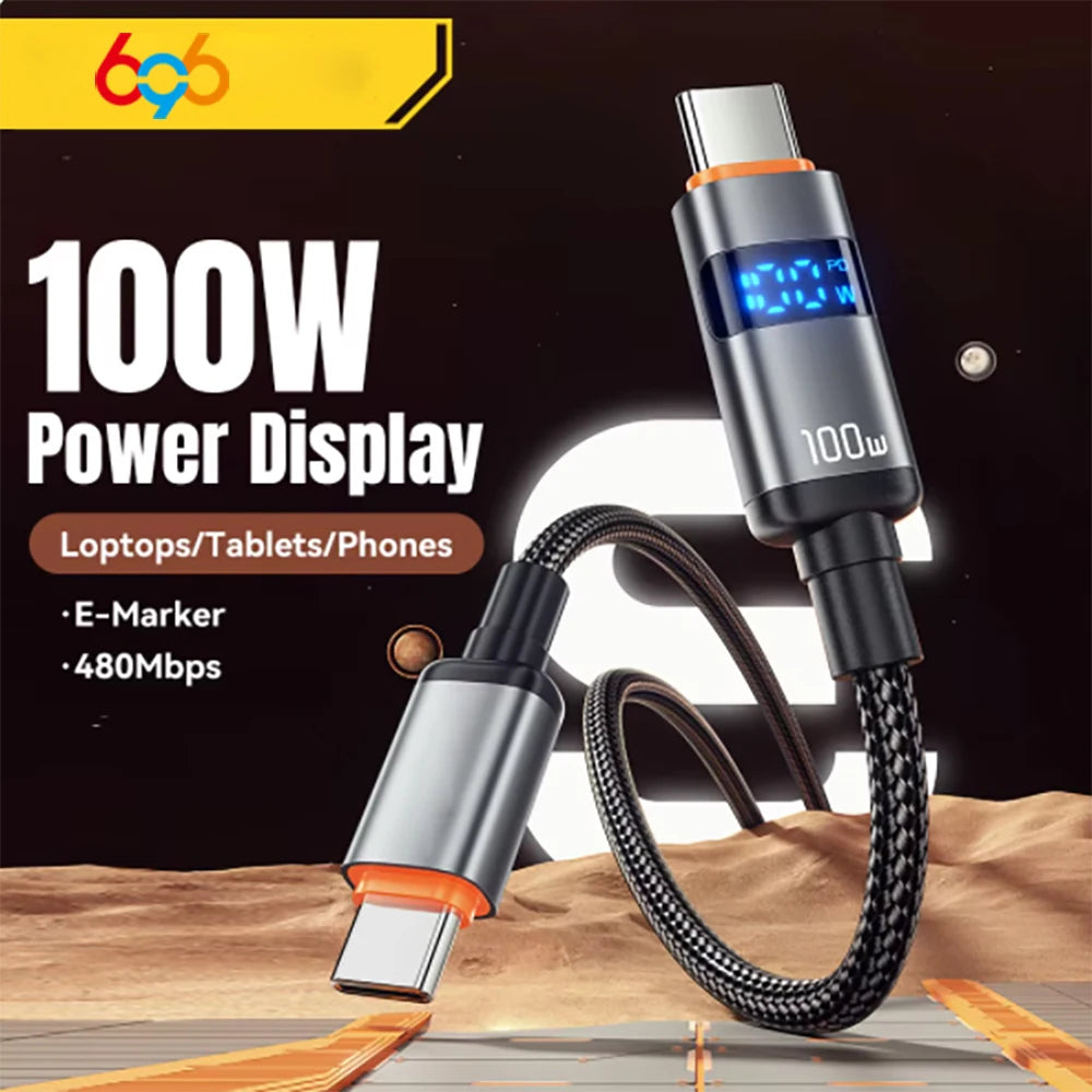 100W USB-C Fast Charging Cable with LED Power Display – For Laptops, Tablets & Phones