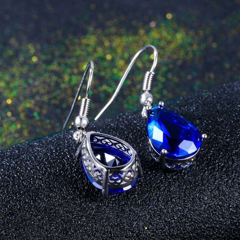 Blue Sapphire Teardrop Drop Earrings – Silver Crystal Dangle Earrings for Women