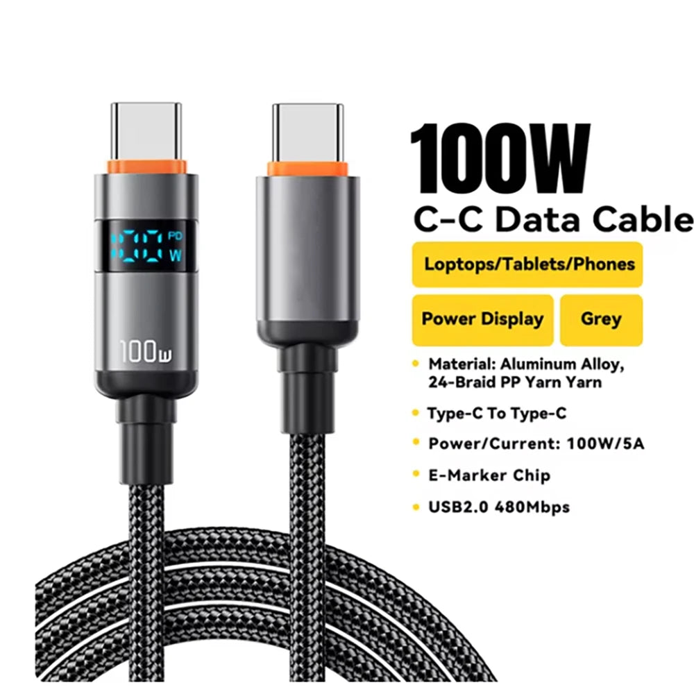 100W USB-C Fast Charging Cable with LED Power Display – For Laptops, Tablets & Phones