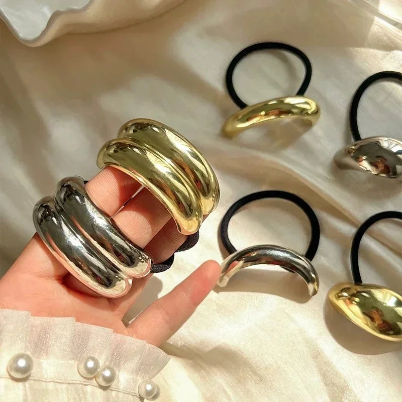 3pcs Punk Metal Hair Bands – Gold Elastic Scrunchies for Women & Girls