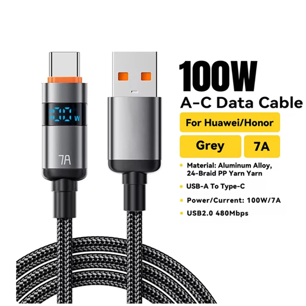 100W USB-C Fast Charging Cable with LED Power Display – For Laptops, Tablets & Phones