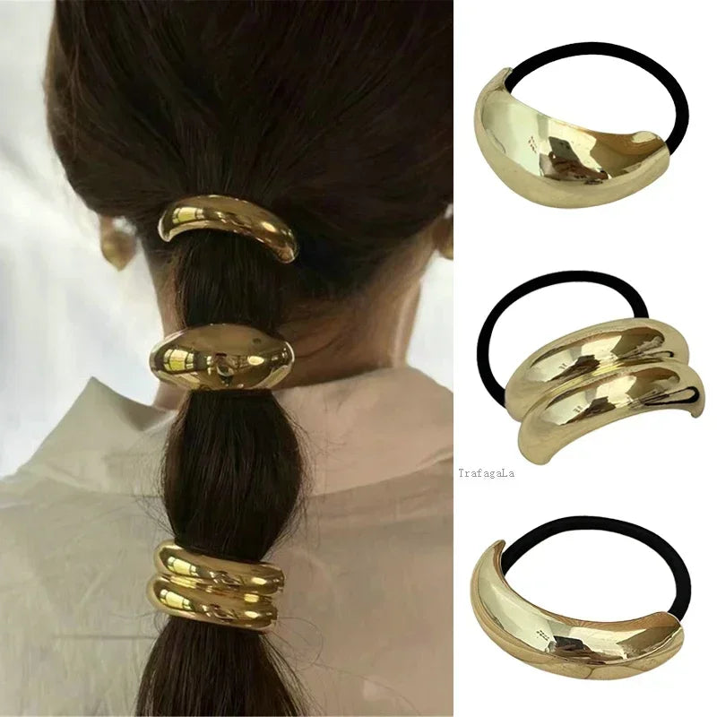 3pcs Punk Metal Hair Bands – Gold Elastic Scrunchies for Women & Girls