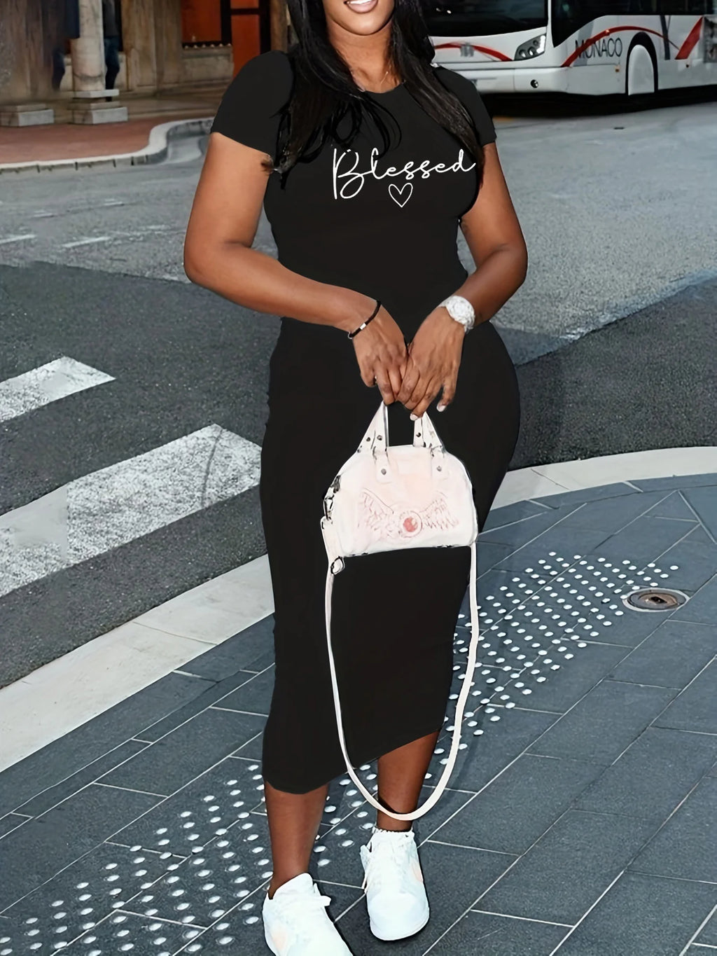 Blessed Bodycon Midi Dress – Black Slogan T-Shirt Dress for Women