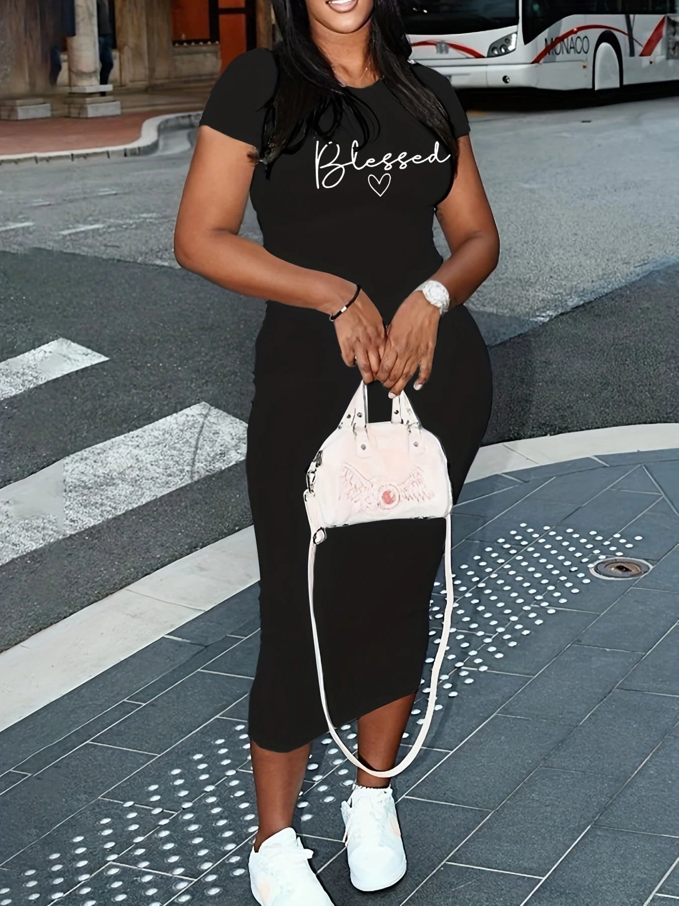 Blessed Bodycon Midi Dress – Black Slogan T-Shirt Dress for Women