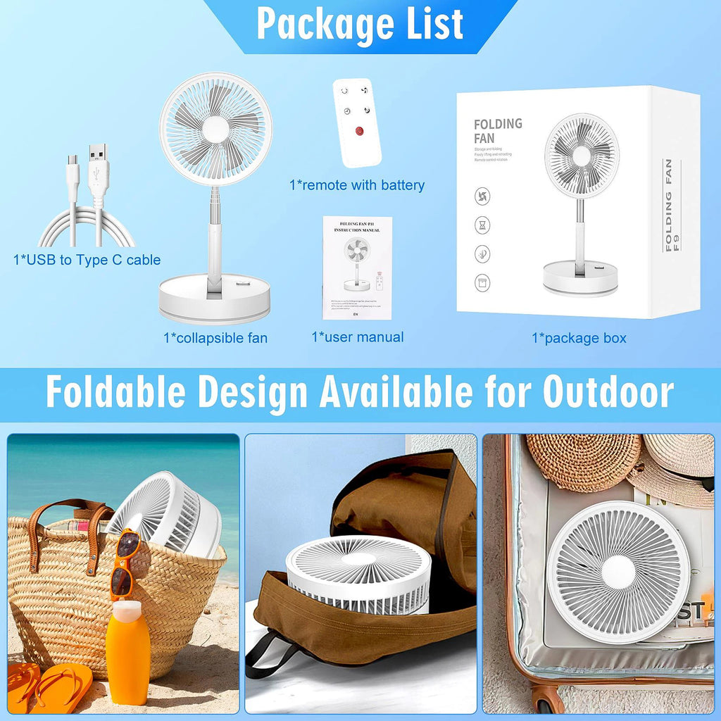 Foldable Portable Standing Fan with Remote Control – Rechargeable Oscillating Floor Fan