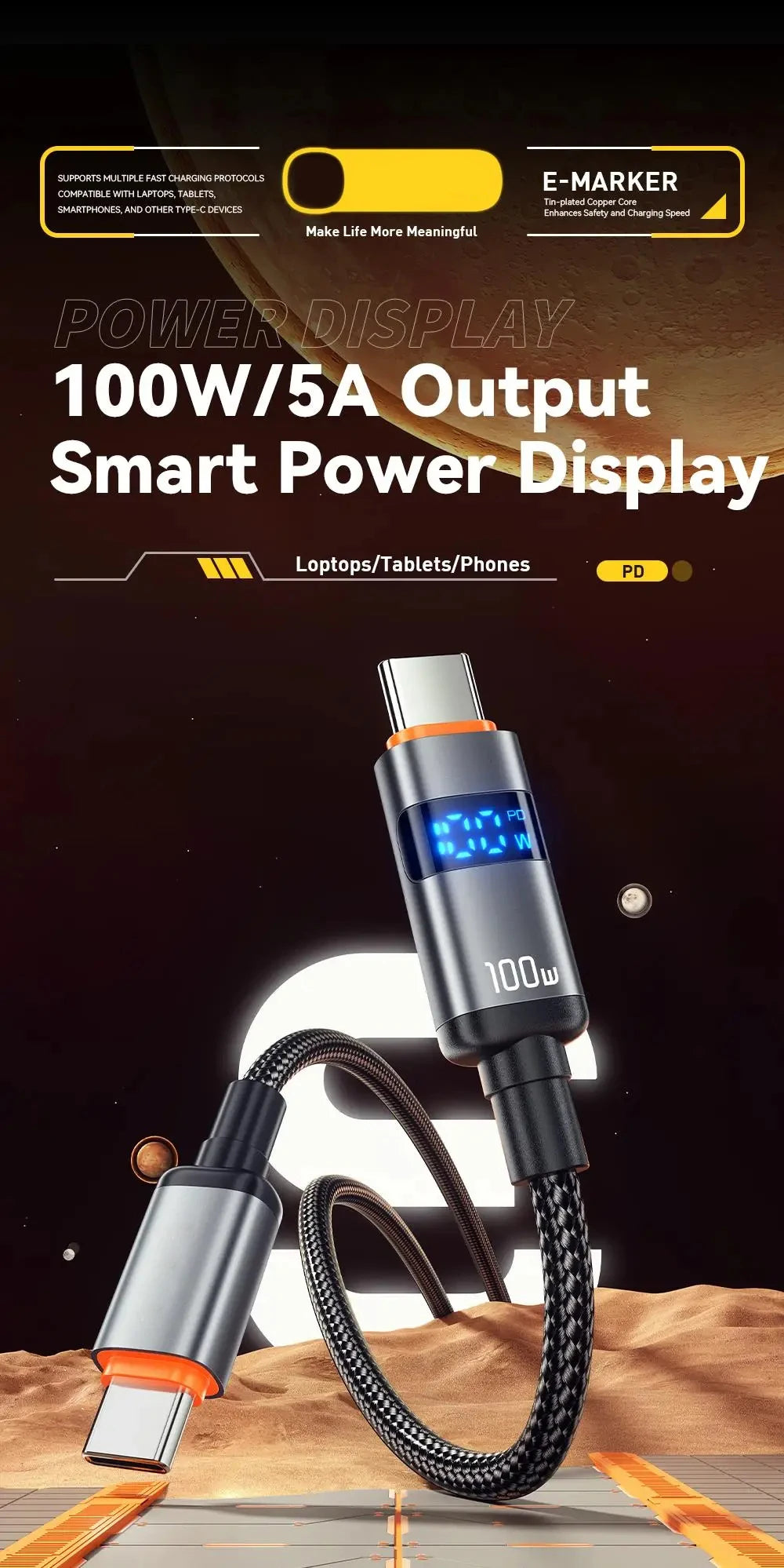 100W USB-C Fast Charging Cable with LED Power Display – For Laptops, Tablets & Phones