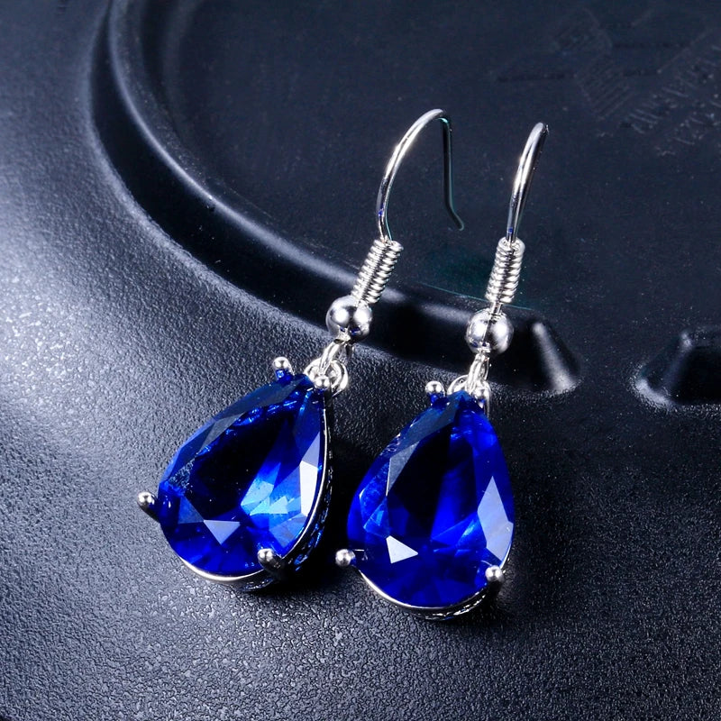 Blue Sapphire Teardrop Drop Earrings – Silver Crystal Dangle Earrings for Women