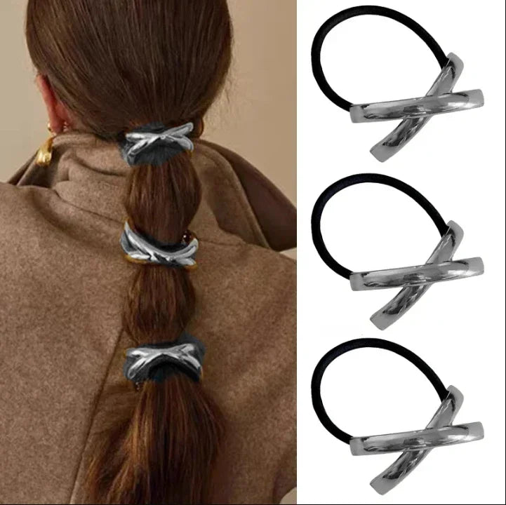 3pcs Punk Metal Hair Bands – Gold Elastic Scrunchies for Women & Girls