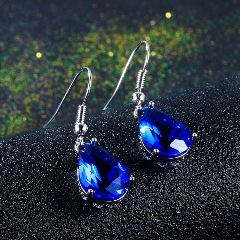 Blue Sapphire Teardrop Drop Earrings – Silver Crystal Dangle Earrings for Women