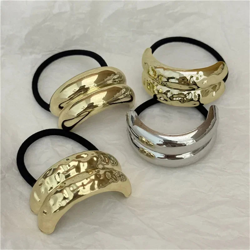 3pcs Punk Metal Hair Bands – Gold Elastic Scrunchies for Women & Girls
