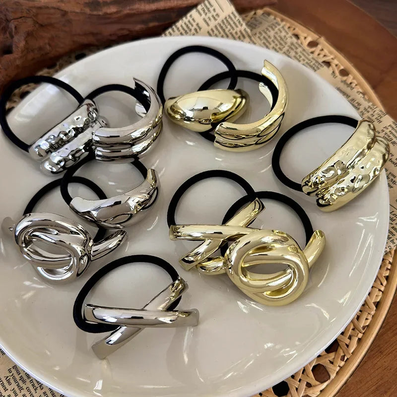 3pcs Punk Metal Hair Bands – Gold Elastic Scrunchies for Women & Girls